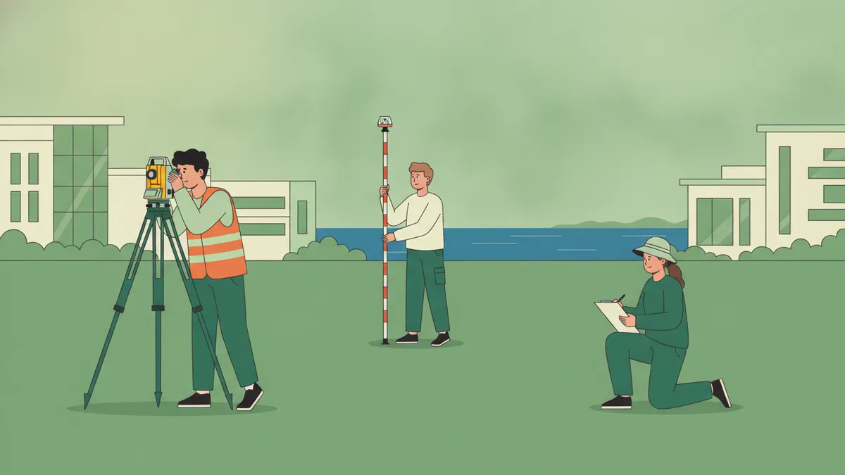 Illustration : trois étudiants en génie civil sur une pelouse de campus au bord de l'océan ; l'un vise dans un appareil de mesure sur trépied, un autre tient une mire au loin, le troisième note les mesures.