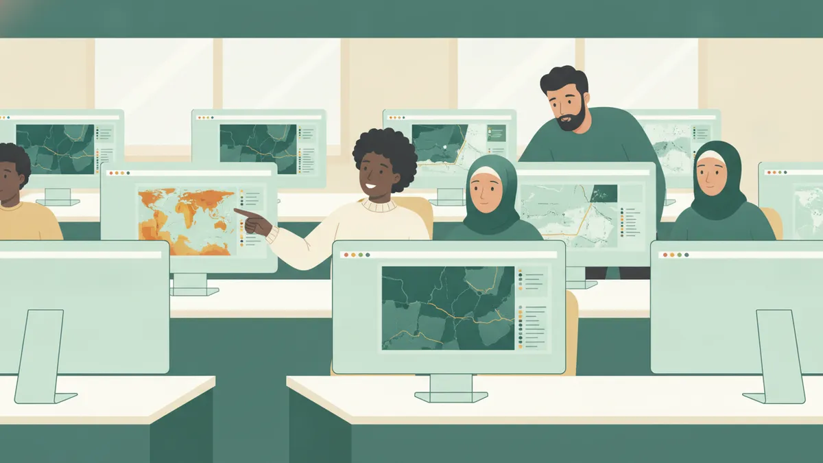 Illustration : dans une salle informatique universitaire, des étudiants travaillent sur des logiciels de cartographie ; les écrans affichent des cartes thématiques colorées et des images satellites ; une étudiante montre une carte du doigt, un enseignant se penche pour l'aider.
