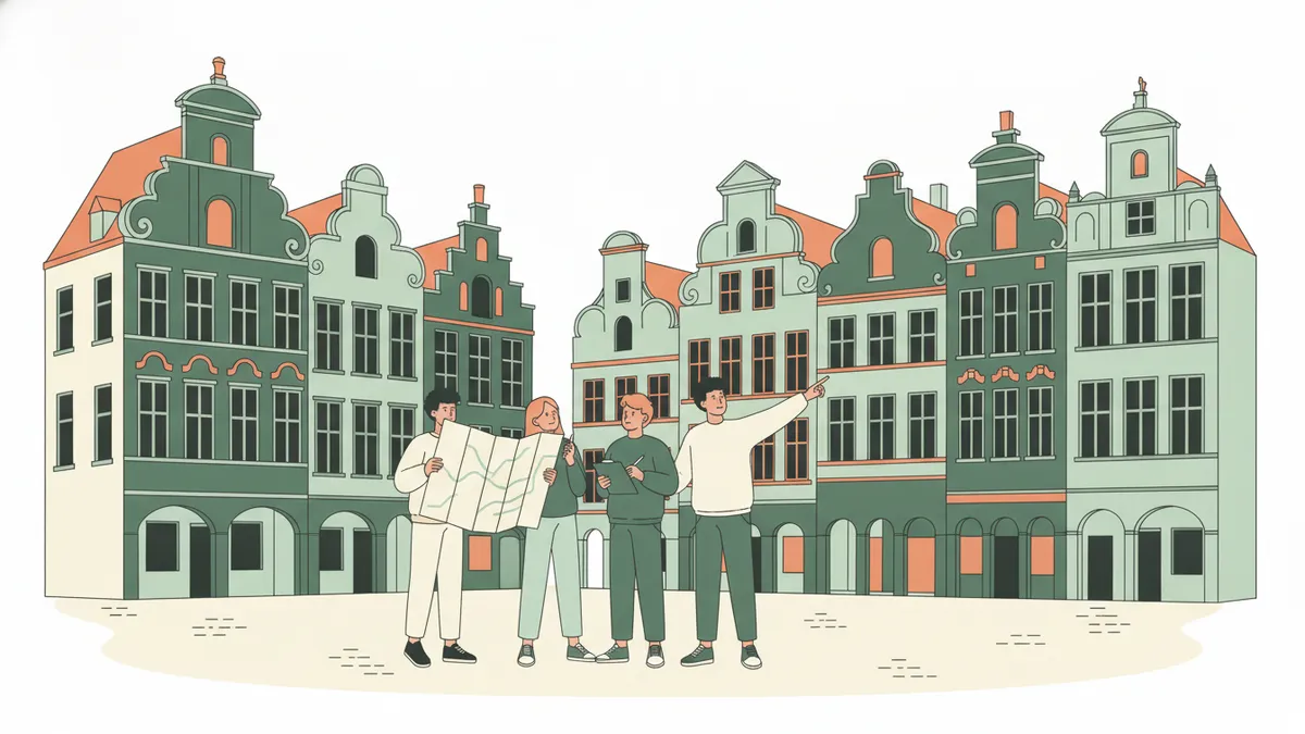 Illustration : un petit groupe d'étudiants sur une grand-place bordée de hautes maisons flamandes à pignons ; l'un déplie une carte, un autre écrit sur un porte-bloc, l'enseignant désigne une façade.