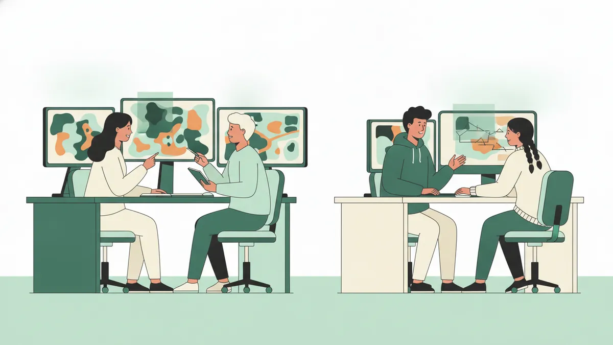 Illustration : des étudiants en salle informatique travaillent sur des écrans qui affichent des cartes colorées en zones et en couches ; une étudiante montre un détail à son voisin.