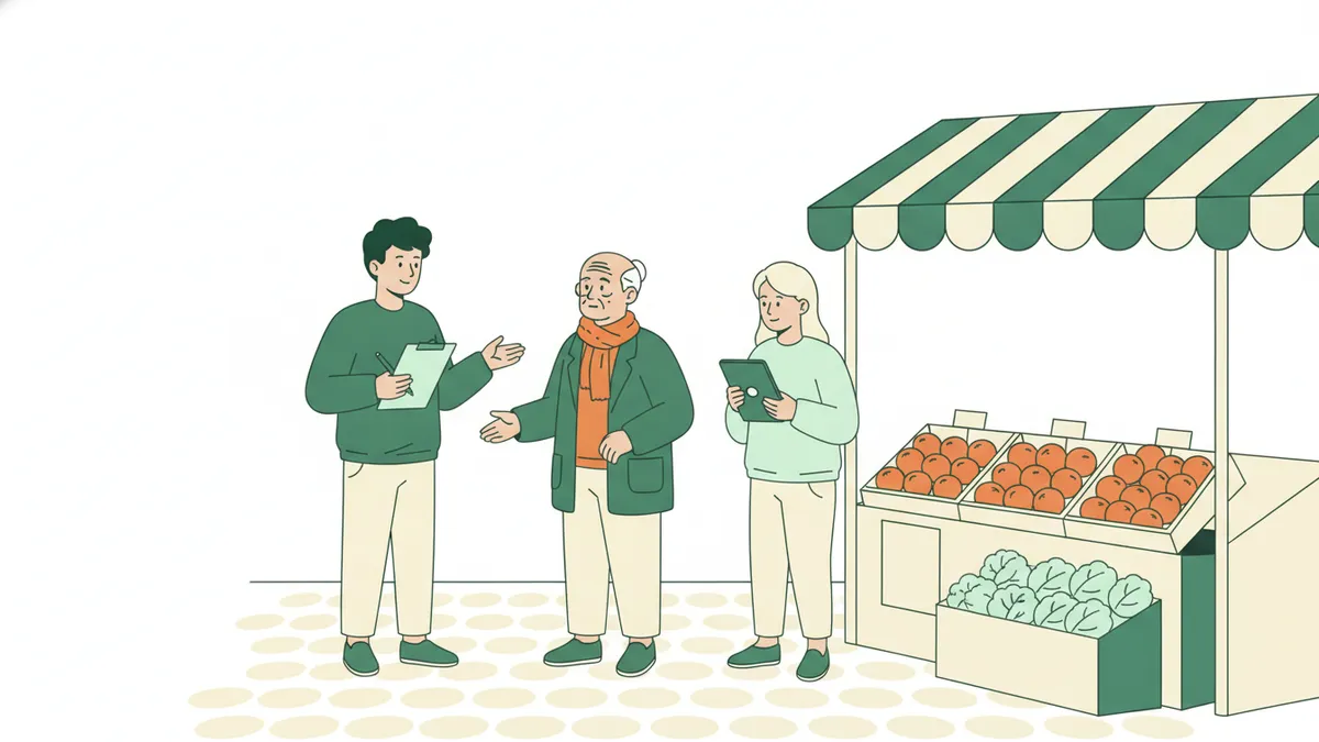 Illustration : dans une rue de petite ville, devant un étal de marché, une étudiante interroge un habitant avec un porte-bloc pendant qu'un autre étudiant note ses réponses sur une tablette.