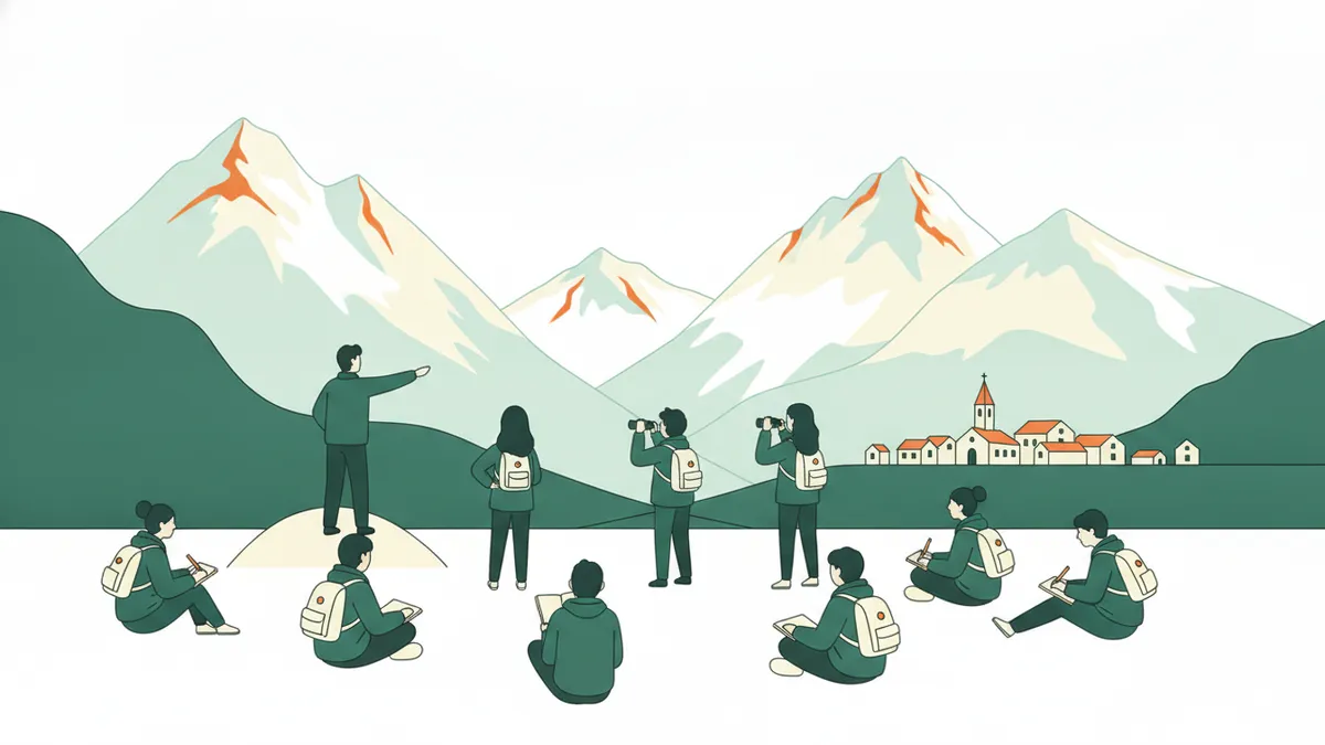 Illustration : des étudiants en sortie dans une vallée verte, sommets enneigés à l'horizon ; l'enseignant montre les pentes et un village, certains observent aux jumelles, d'autres prennent des notes assis dans l'herbe.