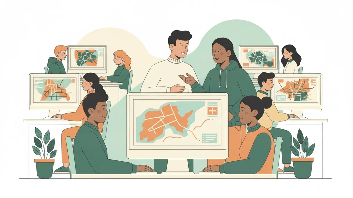 Illustration : des étudiants dans une salle informatique devant des écrans couverts de cartes colorées en couches ; deux d'entre eux discutent devant le même écran et l'un pointe une zone de la carte.
