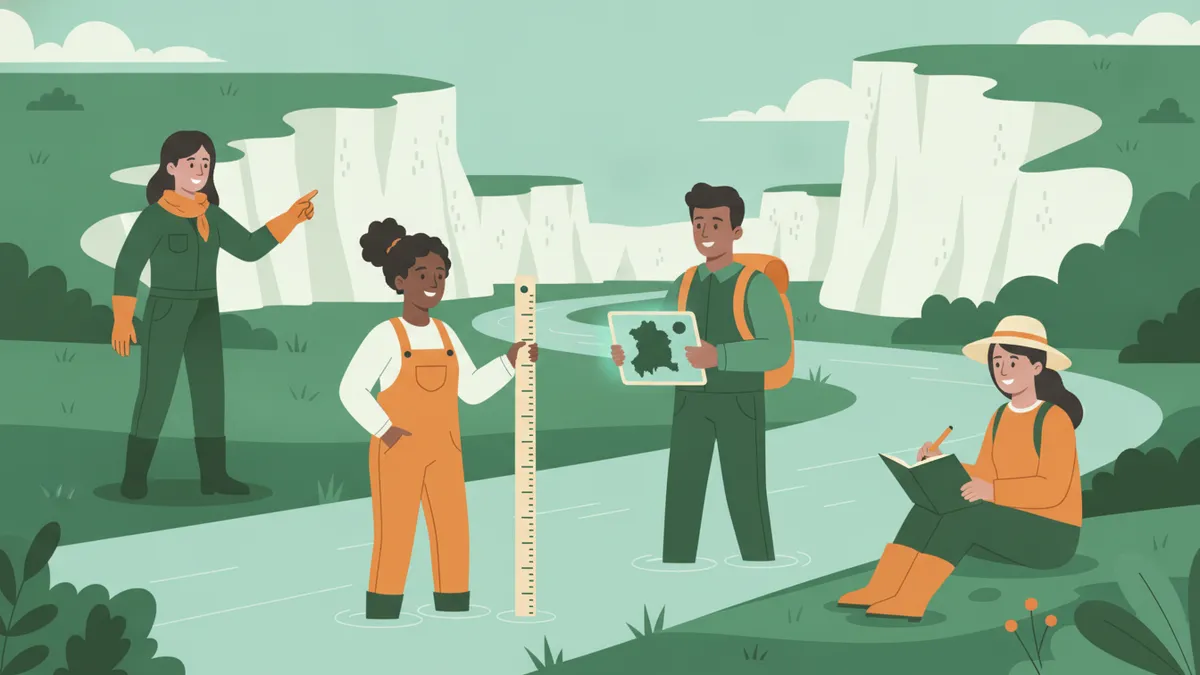 Illustration : dans une vallée verte bordée de falaises de craie blanche, des étudiants en géographie au bord d'une rivière ; l'une mesure la hauteur d'eau avec une grande règle graduée, un autre tient une tablette affichant une carte, une étudiante dessine le paysage dans un carnet, et l'enseignante montre la pente.