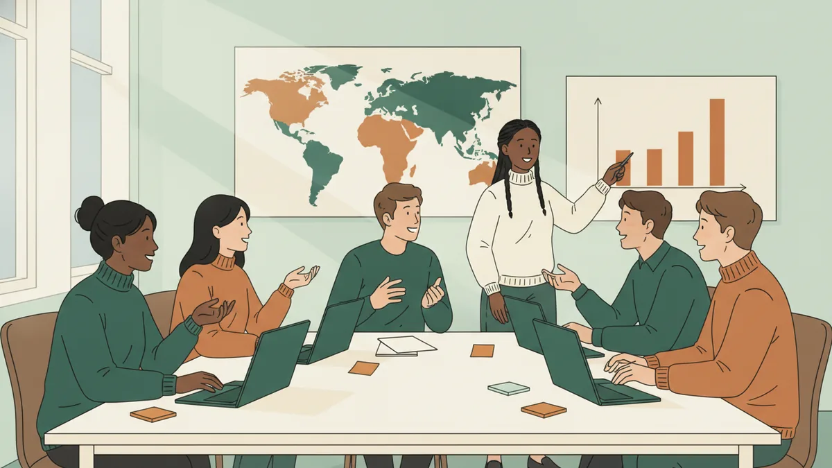Illustration : six étudiants autour d'une table dans une salle claire discutent d'un cas d'entreprise ; une étudiante montre un graphique en barres, une carte du monde est accrochée au mur, des ordinateurs portables et des notes adhésives sont posés sur la table.