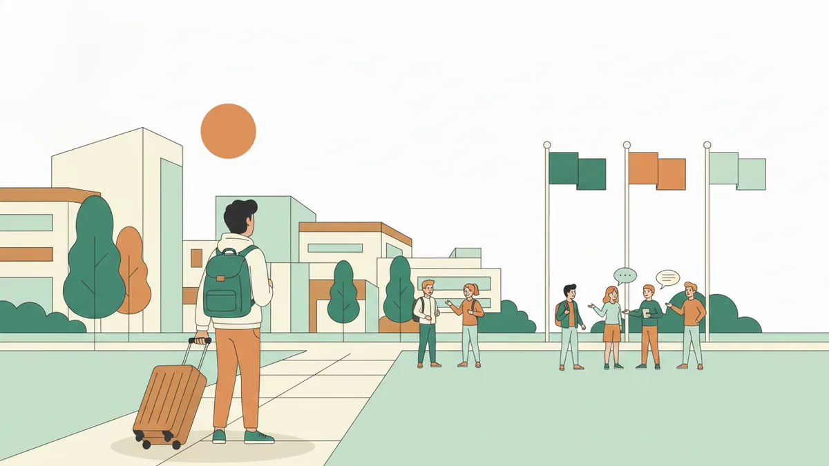 Illustration : un étudiant avec un sac à dos et une valise à roulettes arrive sur un campus universitaire étranger ensoleillé ; plus loin, des étudiants discutent près de mâts de drapeaux.