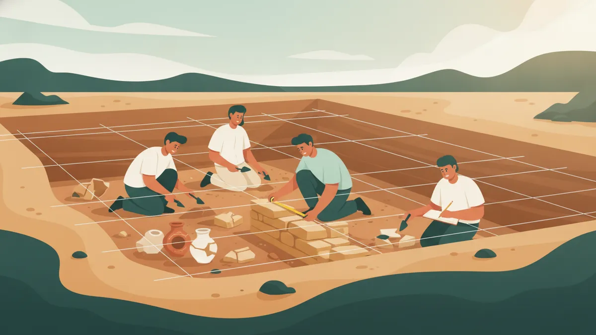 Illustration : sous le soleil, des étudiants à genoux dans une tranchée de fouille quadrillée dégagent des tessons et les bases d'un mur avec truelles et pinceaux ; l'un mesure, un autre note dans un carnet.