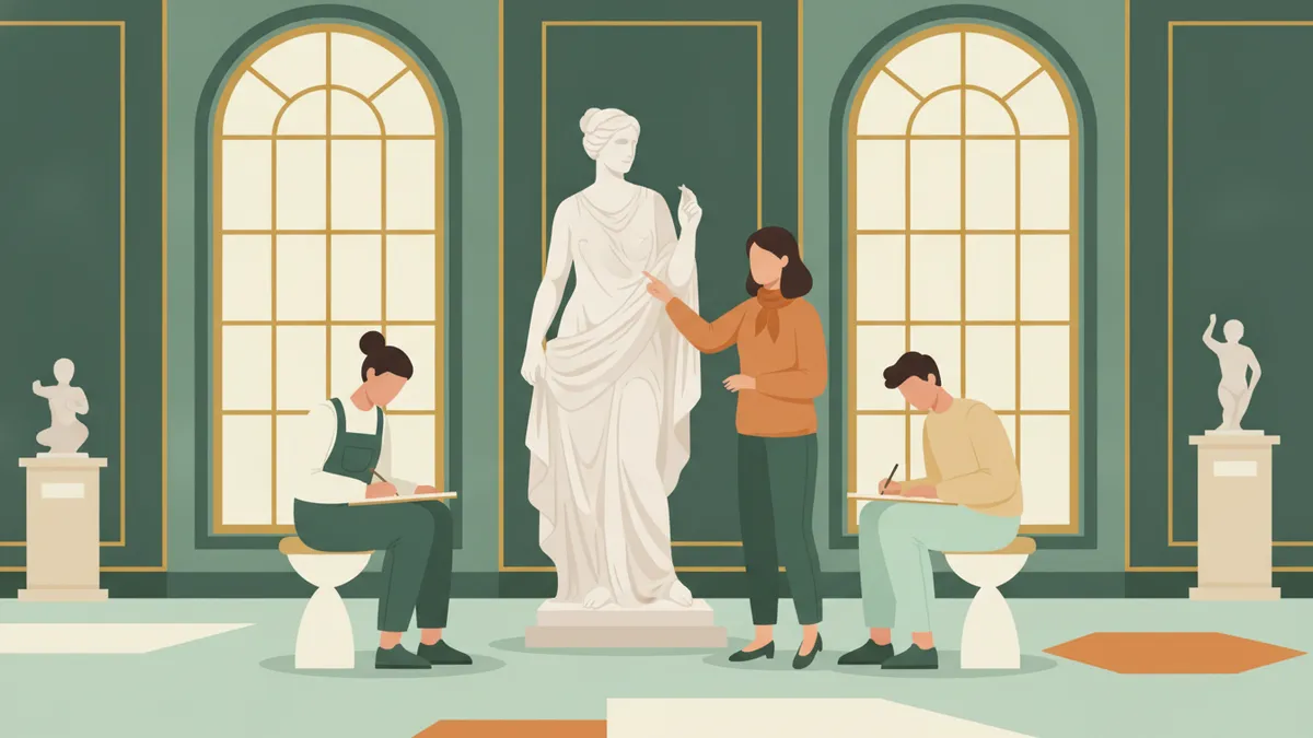 Illustration : dans une galerie de sculptures, des étudiants assis sur des tabourets dessinent une statue antique dans leurs carnets ; une enseignante montre un détail du drapé.