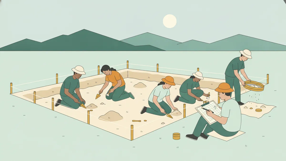 Illustration : sur un chantier de fouille délimité par des piquets et des cordeaux, des étudiants en chapeau de soleil grattent la terre à la truelle et au pinceau ; l'un dessine un plan sur une planchette, un autre tamise la terre ; des montagnes au loin.