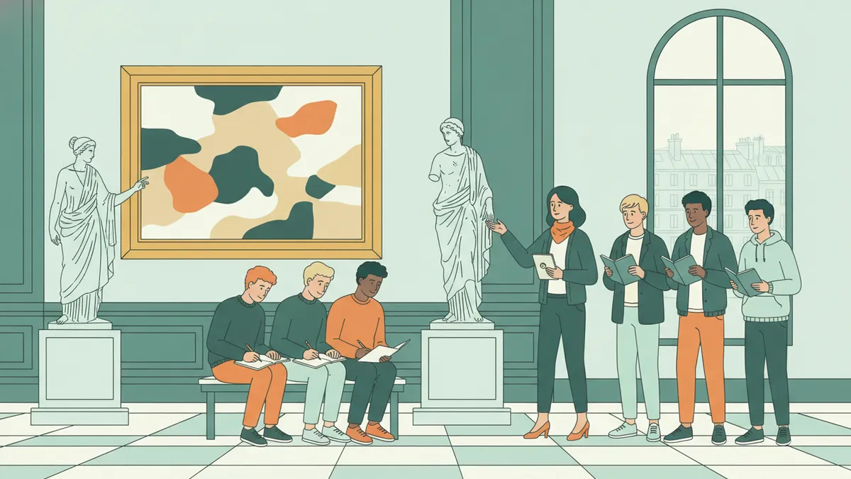 Illustration : dans une salle de musée, des étudiants se tiennent devant un grand tableau encadré d'or et une statue de marbre ; une enseignante explique d'un geste, d'autres étudiants assis prennent des notes et dessinent.