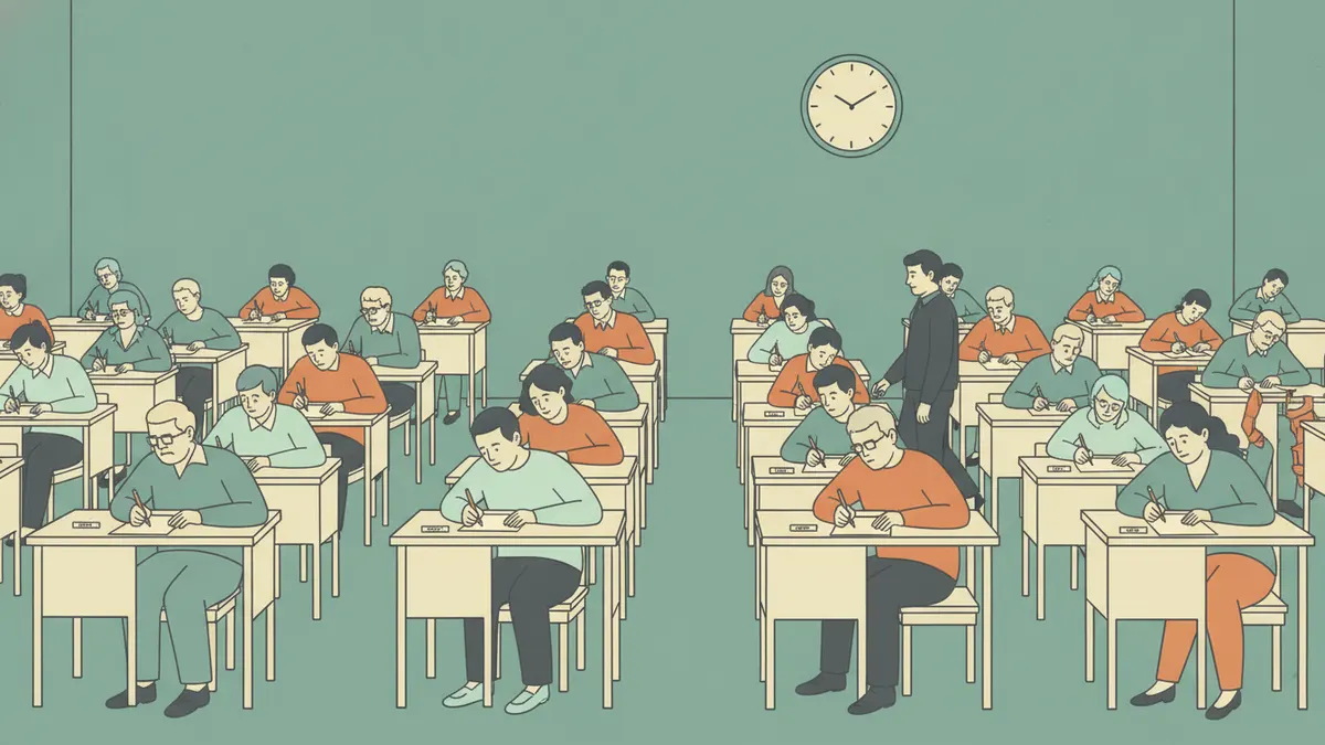 Illustration : une grande salle d'examen vue de côté, avec des rangées de tables individuelles ; des étudiants de tous âges rédigent une dissertation d'histoire sur papier, concentrés, pendant qu'un surveillant passe entre les rangs. Une horloge au mur.