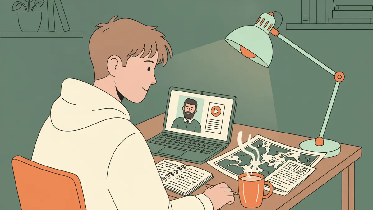 Illustration : le soir, un étudiant travaille à son bureau sous une lampe. Sur l'écran de son ordinateur, un professeur donne un cours enregistré ; à côté, une carte médiévale imprimée, la copie d'un vieux manuscrit, un cahier de notes et une tasse de thé.