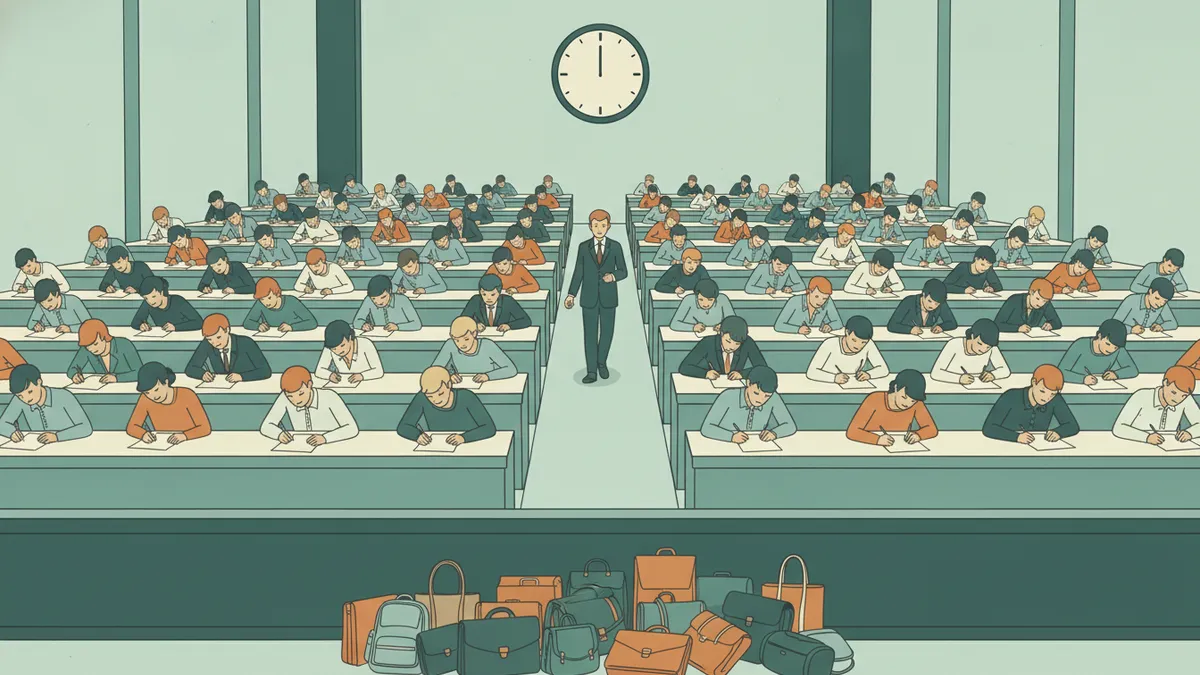 Illustration : une grande salle d'examen où des rangées d'étudiants rédigent une dissertation sur papier ; un surveillant passe entre les tables.