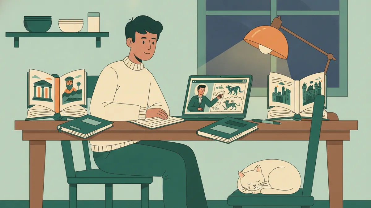 Illustration : le soir, un étudiant suit chez lui un cours d'histoire en vidéo sur son ordinateur portable, entouré de livres ouverts sur la Grèce antique et l'Europe médiévale ; un chat dort sur la chaise voisine.