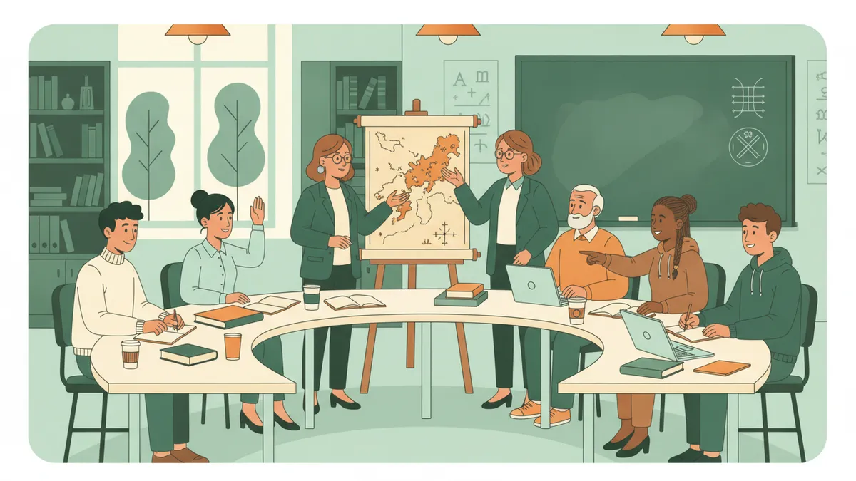 Illustration : dans une salle de cours, des étudiants à distance de tous âges se retrouvent pour une journée de regroupement ; une enseignante d'histoire leur montre une carte ancienne.