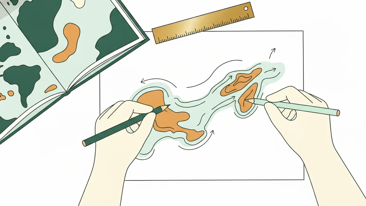 Illustration vue d'en haut : les mains d'un étudiant dessinent au crayon de couleur un croquis régional avec des zones colorées et des flèches, à côté d'un atlas ouvert et d'une règle ; un camarade désigne une zone avec son crayon.