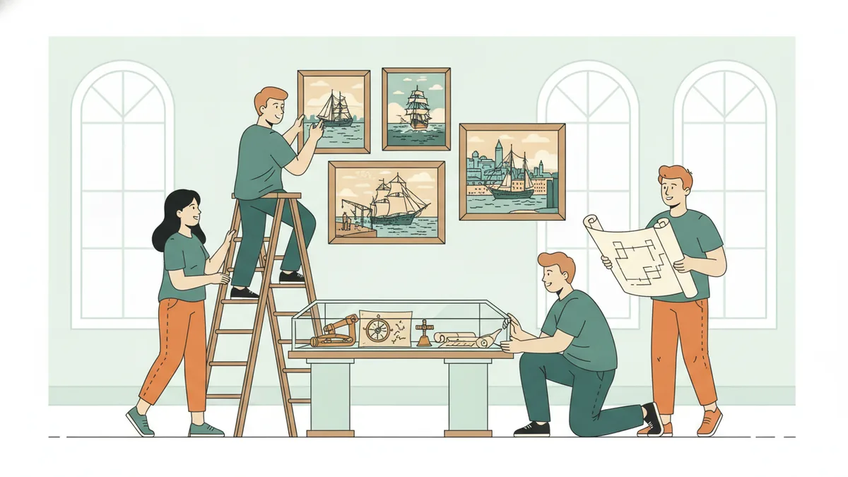 Illustration : quatre étudiants installent une petite exposition dans une salle claire ; l'un, sur un escabeau, accroche des tableaux de navires et de ports, une autre tient l'échelle, un troisième arrange une vitrine d'objets anciens, le dernier consulte un plan.