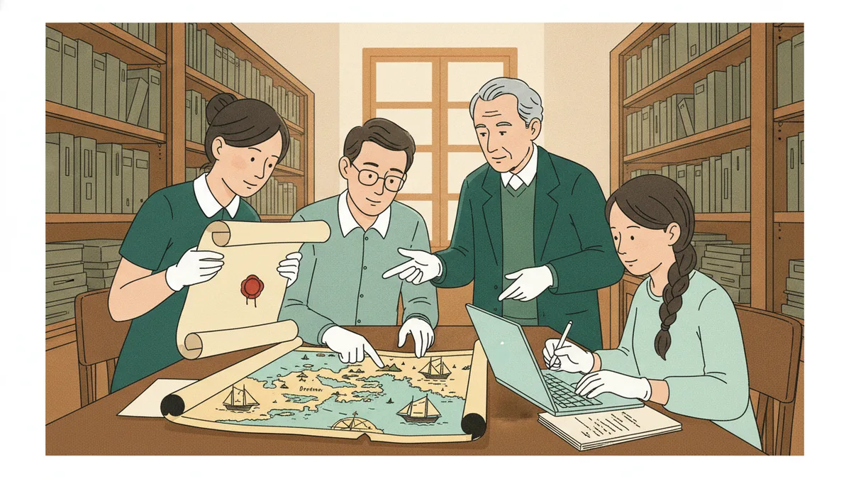 Illustration : dans une salle d'archives, trois étudiants en gants blancs examinent une charte scellée de cire rouge et une ancienne carte marine avec des voiliers ; un archiviste aux cheveux gris les guide, une étudiante prend des notes sur ordinateur.