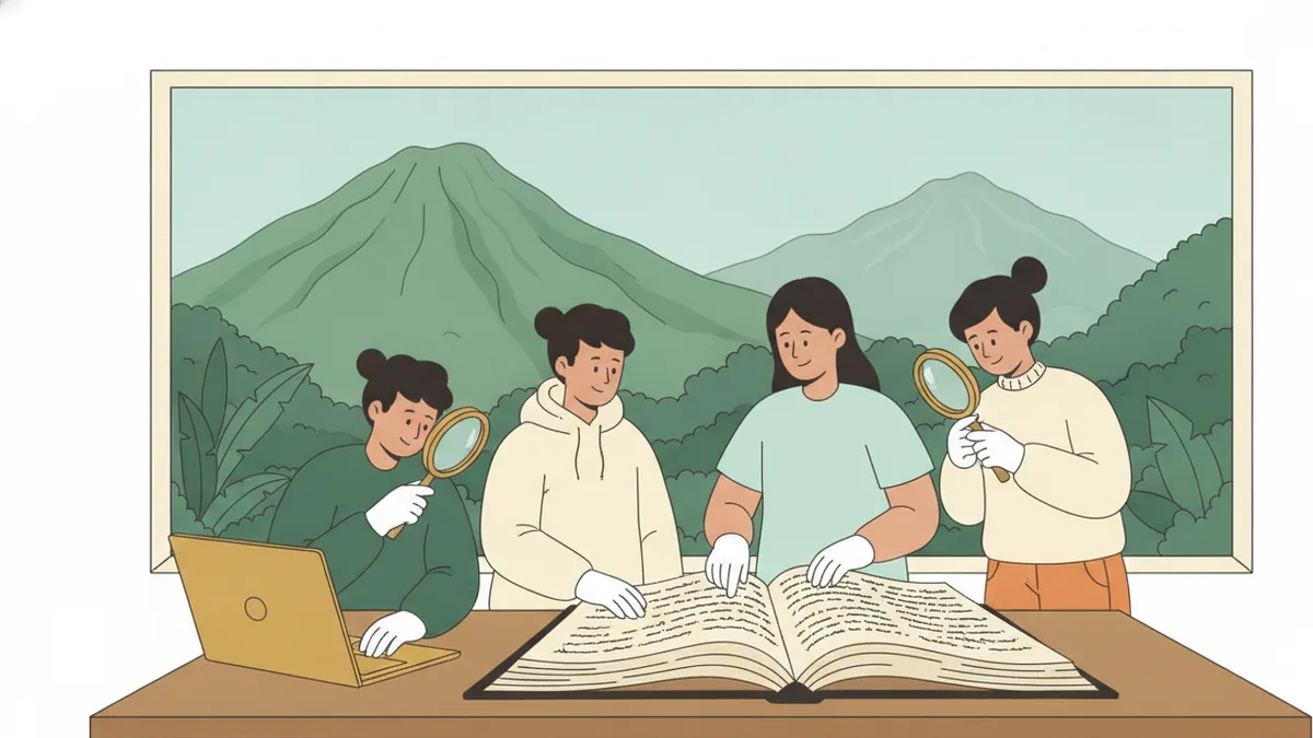 Illustration : quatre étudiants en gants blancs penchés sur un grand registre manuscrit ouvert ; deux tiennent une loupe, une autre prend des notes sur un ordinateur ; derrière eux, une fenêtre donne sur des montagnes vertes.