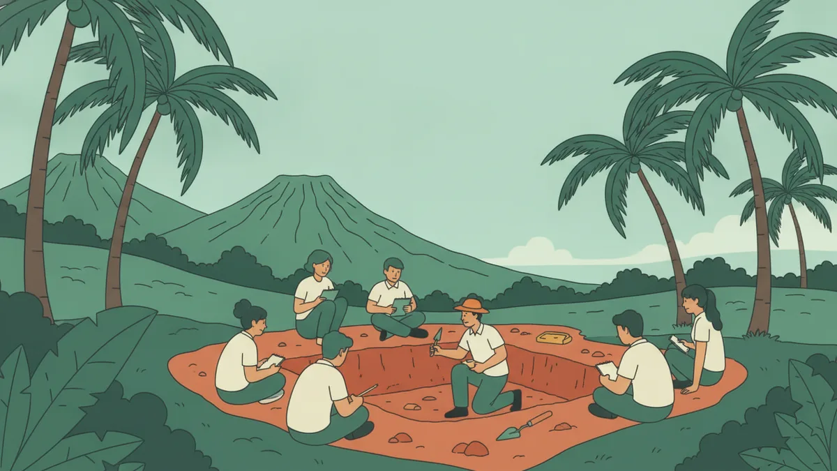 Illustration : sur une colline tropicale bordée de palmiers, avec des volcans verts à l'horizon, un archéologue accroupi dans une tranchée de fouille explique son travail, truelle à la main, à un groupe d'étudiants qui prennent des notes.