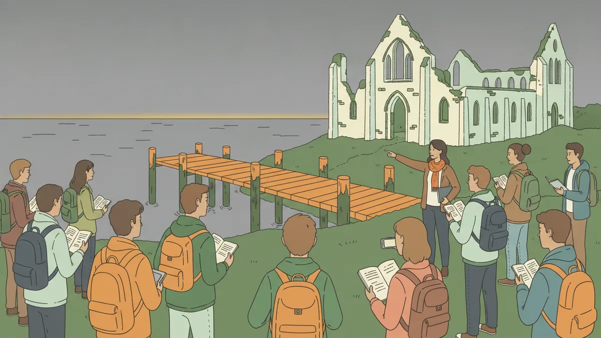 Illustration : un groupe d'étudiants, carnets en main, écoute une enseignante qui désigne les ruines d'une abbaye et de vieux quais ; certains prennent des photos ; ciel gris sur la mer.