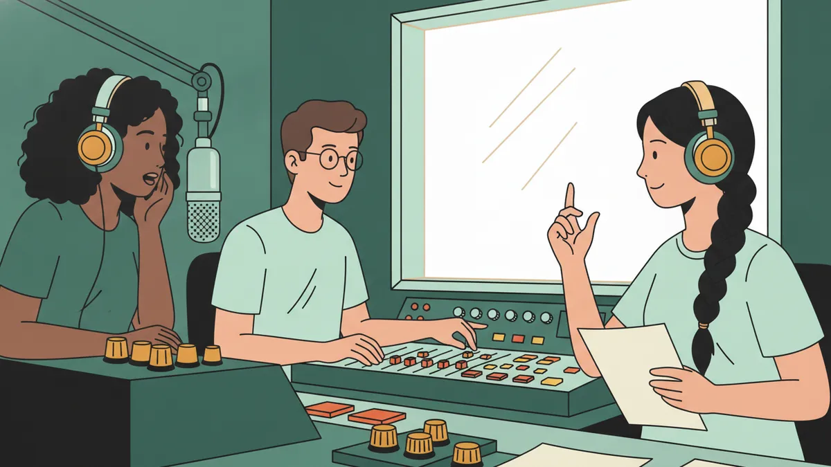 Illustration : trois étudiants dans un petit studio de radio ; une étudiante parle au micro avec un casque, un étudiant règle la table de mixage, une autre tient un script et fait un signe de la main.
