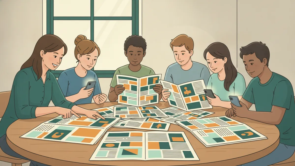 Illustration : autour d'une table, des étudiants comparent une même information sur leurs téléphones et dans des journaux imprimés ; une enseignante se penche et montre une page.