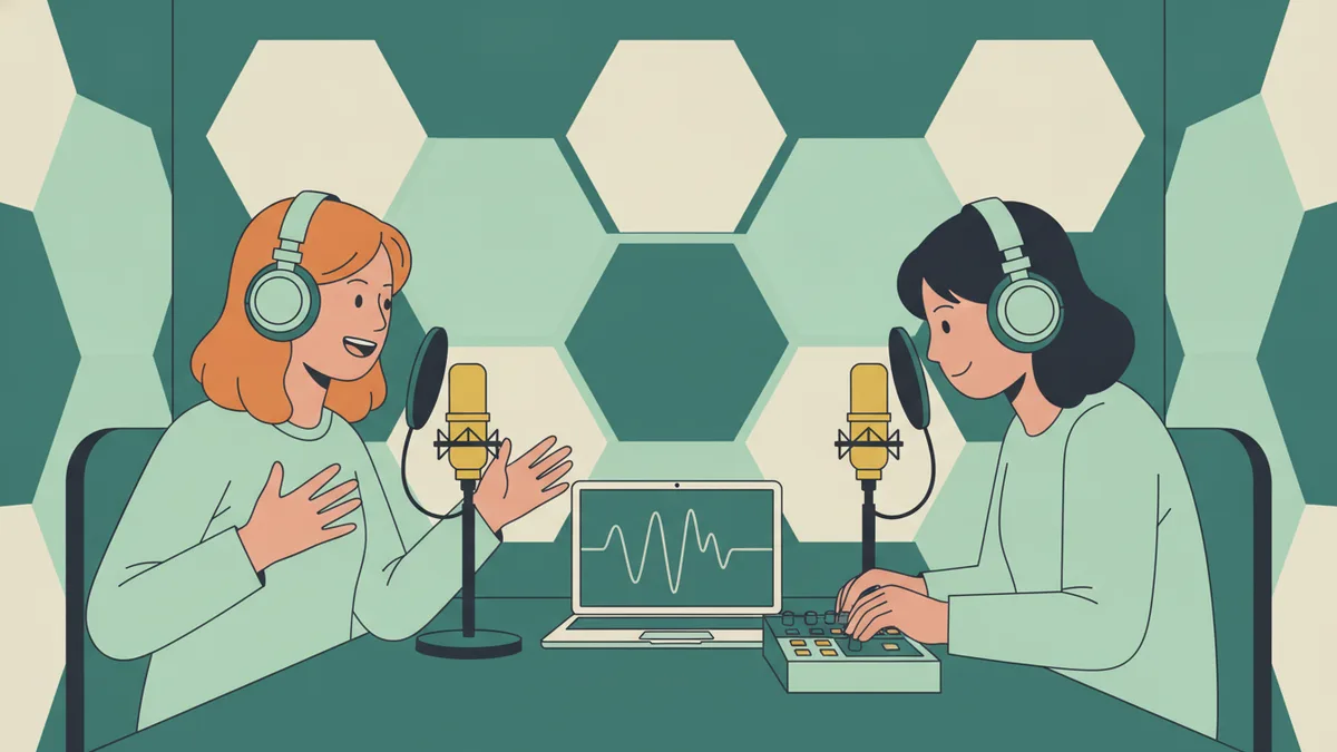 Illustration : deux étudiantes, casque sur les oreilles, enregistrent un podcast dans un petit studio aux murs couverts de panneaux acoustiques ; l'une parle avec les mains, l'autre règle une table de mixage à côté d'un ordinateur qui affiche une onde sonore.
