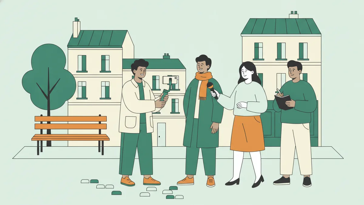Illustration : dans une rue de Paris, trois étudiants tournent un reportage : l'un filme au smartphone monté sur une petite perche stabilisée, une autre tend un micro à un passant, le troisième prend des notes.