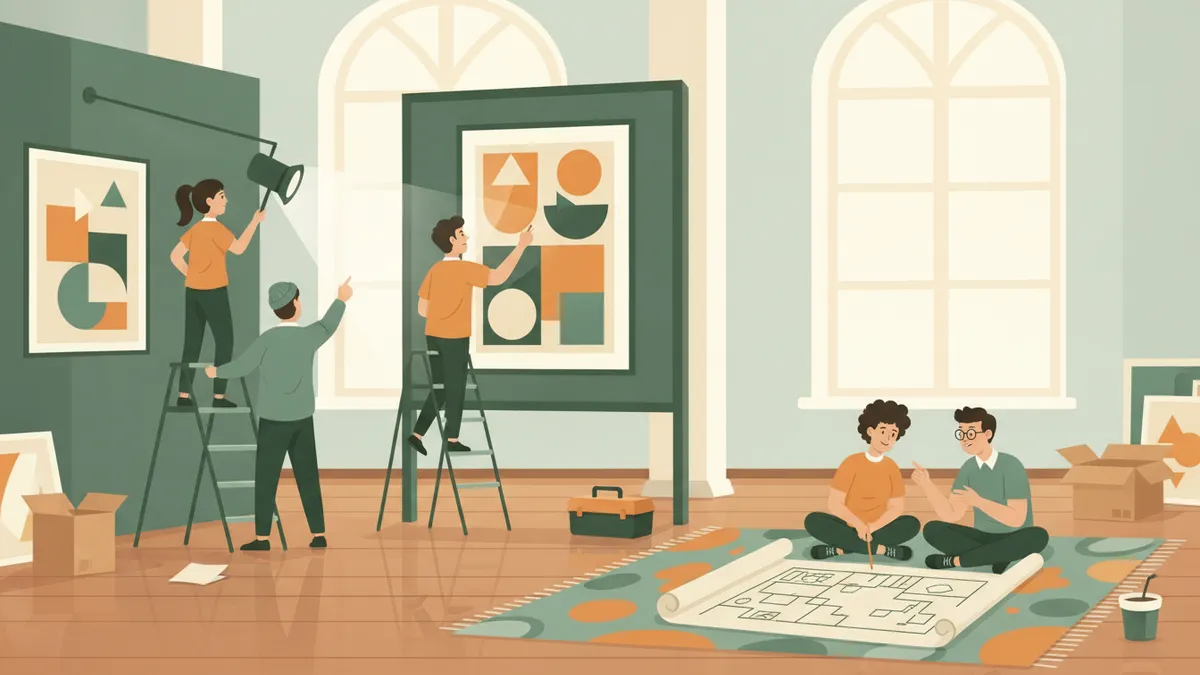 Illustration : dans une grande salle, des étudiants montent une exposition ; l'un accroche une affiche aux formes géométriques, un autre règle un projecteur depuis un escabeau, deux autres discutent du plan au sol.