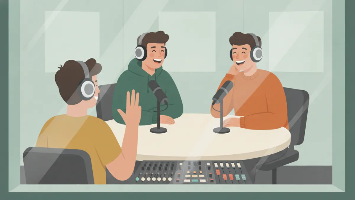 Illustration : vu à travers la vitre d'un studio, deux étudiants casqués parlent dans des micros autour d'une table ronde et rient ; au premier plan, un troisième à la console fait signe du doigt.