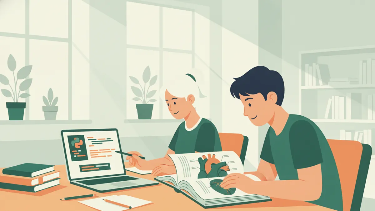 Illustration : deux étudiants à la même table ; l'une écrit du code sur un ordinateur portable, l'autre étudie un schéma de cœur dans un manuel d'anatomie.