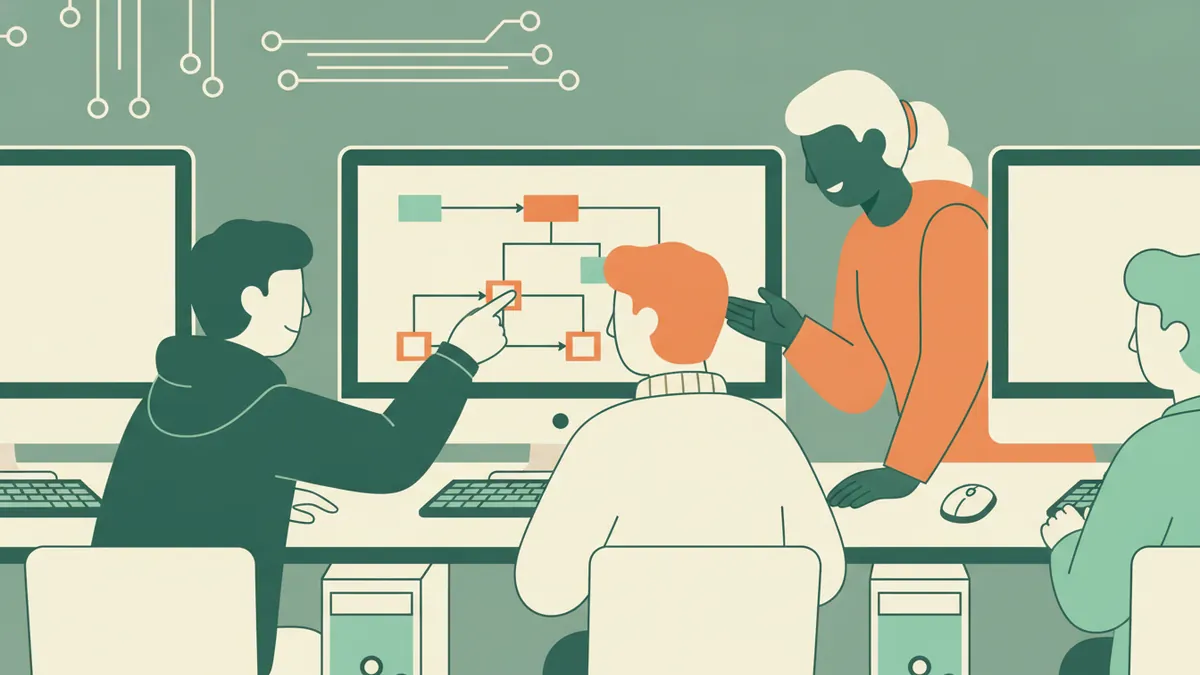 Illustration : salle informatique ; un étudiant montre à l'écran un organigramme d'algorithme, une chargée de TP se penche pour l'aider, d'autres étudiants travaillent sur leurs postes.