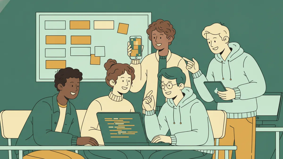 Illustration : cinq étudiants en informatique autour d'un ordinateur portable ; l'un tient un smartphone qui affiche une application colorée, les autres discutent ; au mur, un tableau de post-it.
