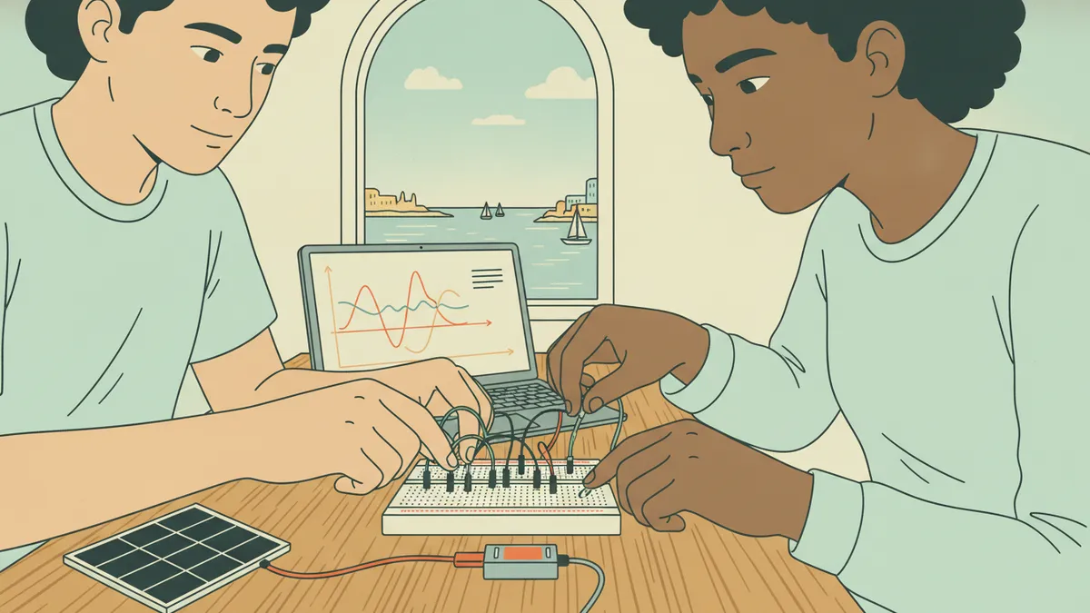 Illustration : gros plan sur deux étudiants qui montent une petite carte de capteurs sur une plaque de prototypage, reliée à un ordinateur portable qui affiche des courbes ; à côté, un petit panneau solaire. Par la fenêtre, un port.