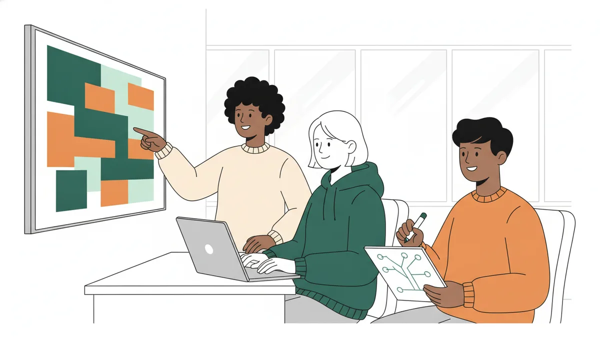 Illustration : trois étudiants dans une salle informatique ; l'un montre un écran couvert de blocs de couleur, une étudiante code sur un portable, un troisième dessine un arbre sur une tablette.