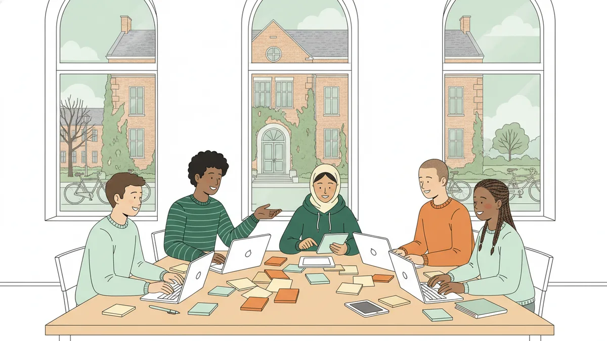 Illustration : cinq étudiants de plusieurs pays travaillent autour d'une table de bibliothèque couverte de portables et de post-it ; par les grandes fenêtres, un campus de brique et des vélos.