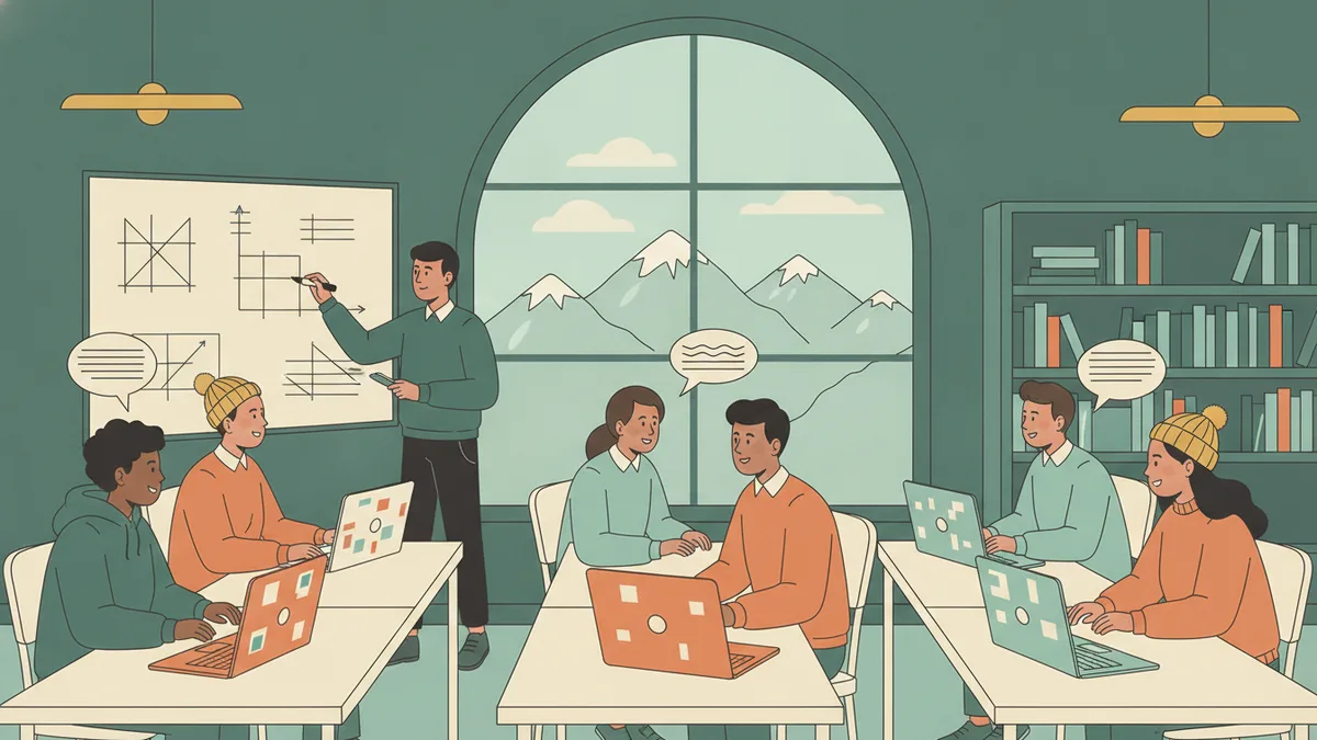 Illustration : dans une salle de cours aux grandes fenêtres donnant sur des montagnes enneigées, un enseignant dessine un graphe et une matrice au tableau ; des étudiants de plusieurs origines discutent par petits groupes autour de leurs ordinateurs.