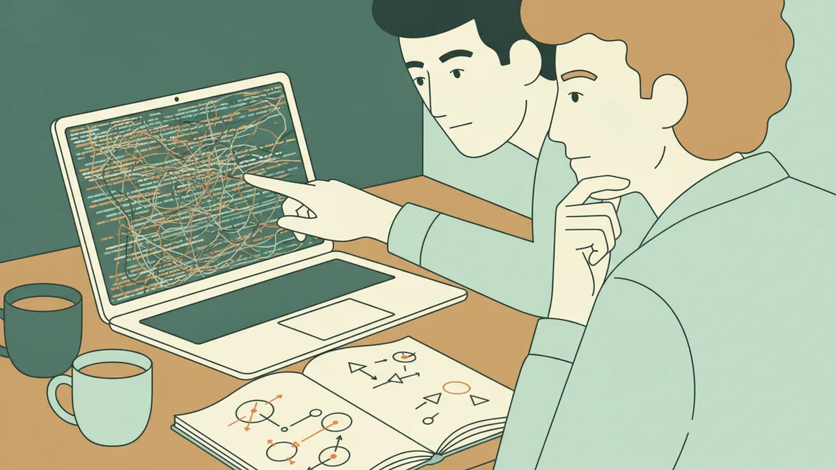 Illustration : gros plan sur deux étudiants qui programment à deux sur un ordinateur portable ; l'un montre l'écran du doigt ; à côté, un carnet ouvert couvert de schémas d'automates, des cercles reliés par des flèches, et deux tasses de café.