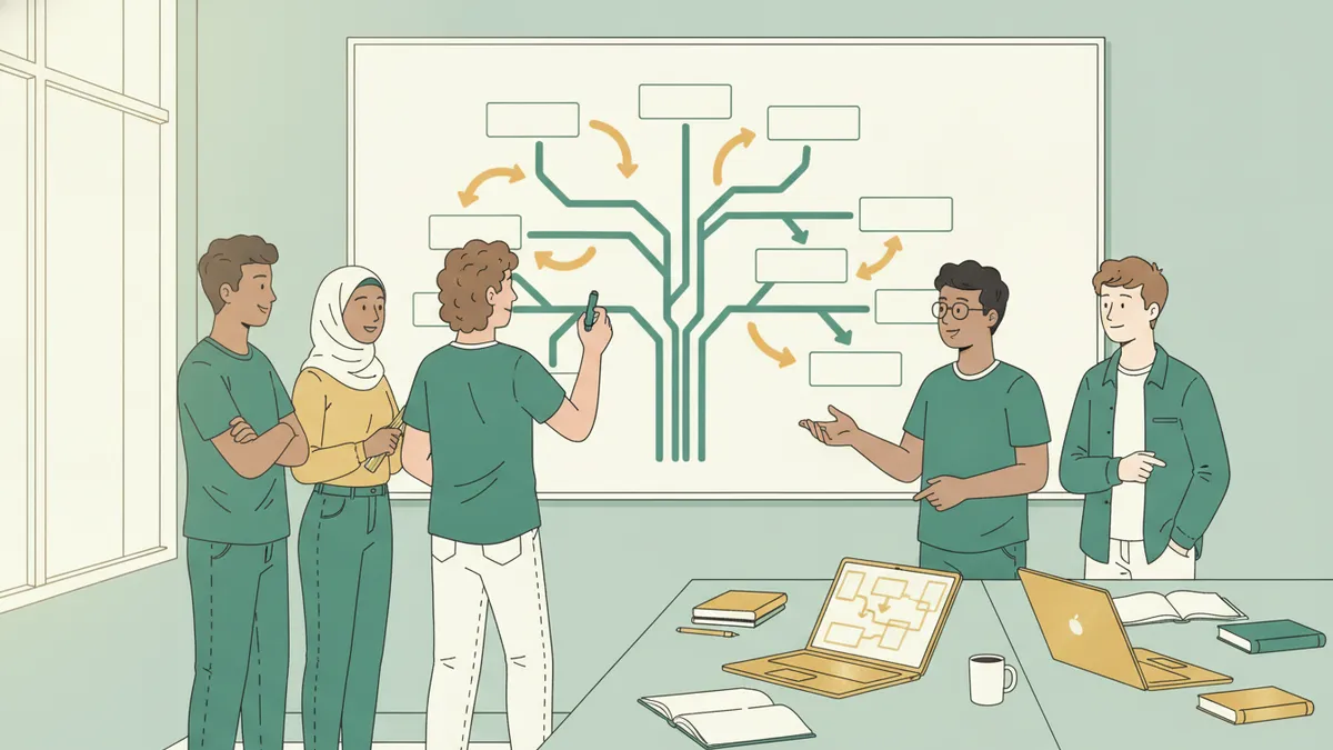 Illustration : des étudiants debout au tableau blanc dessinent un arbre et des boîtes reliées par des flèches ; l'un tient le feutre, les autres discutent, des ordinateurs portables sur la table voisine.