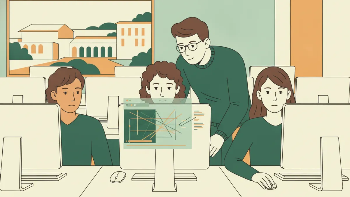 Illustration : dans une salle informatique de l'université, des étudiants programment en binôme sur des ordinateurs ; une étudiante montre une ligne à l'écran, un chargé de TP se penche pour les aider.