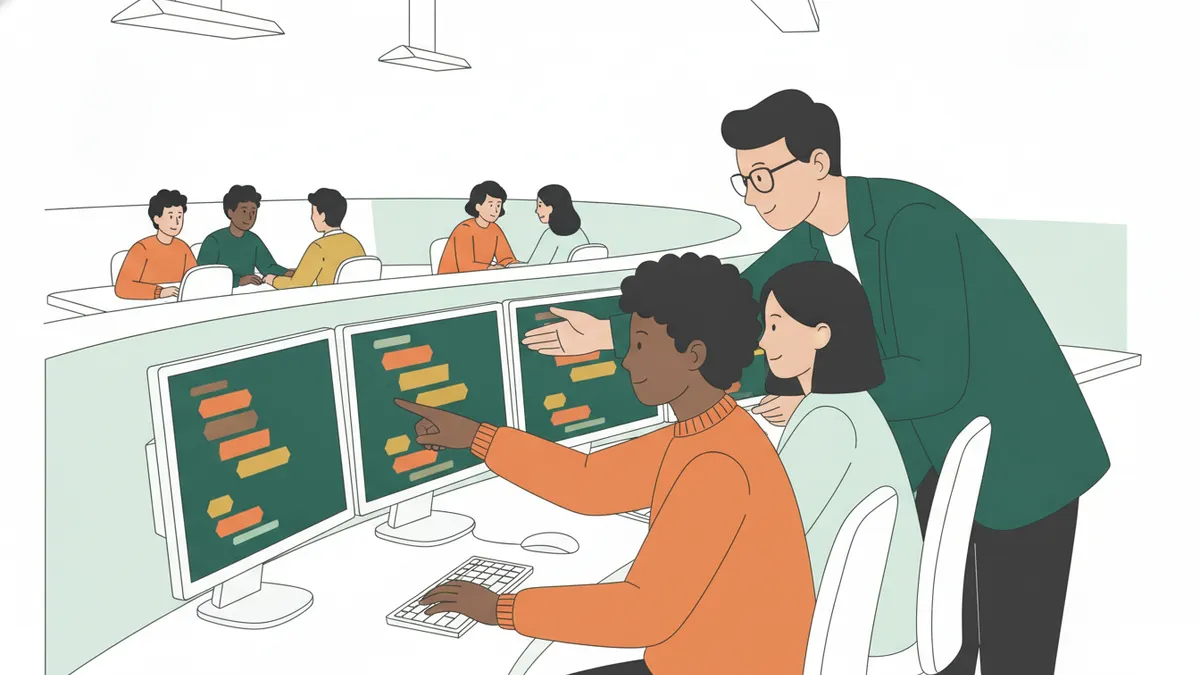 Illustration : une salle informatique en séance de TP ; deux étudiants travaillent en binôme devant un écran couvert de blocs de code colorés, l'un montre une ligne du doigt, et un enseignant se penche pour les aider.