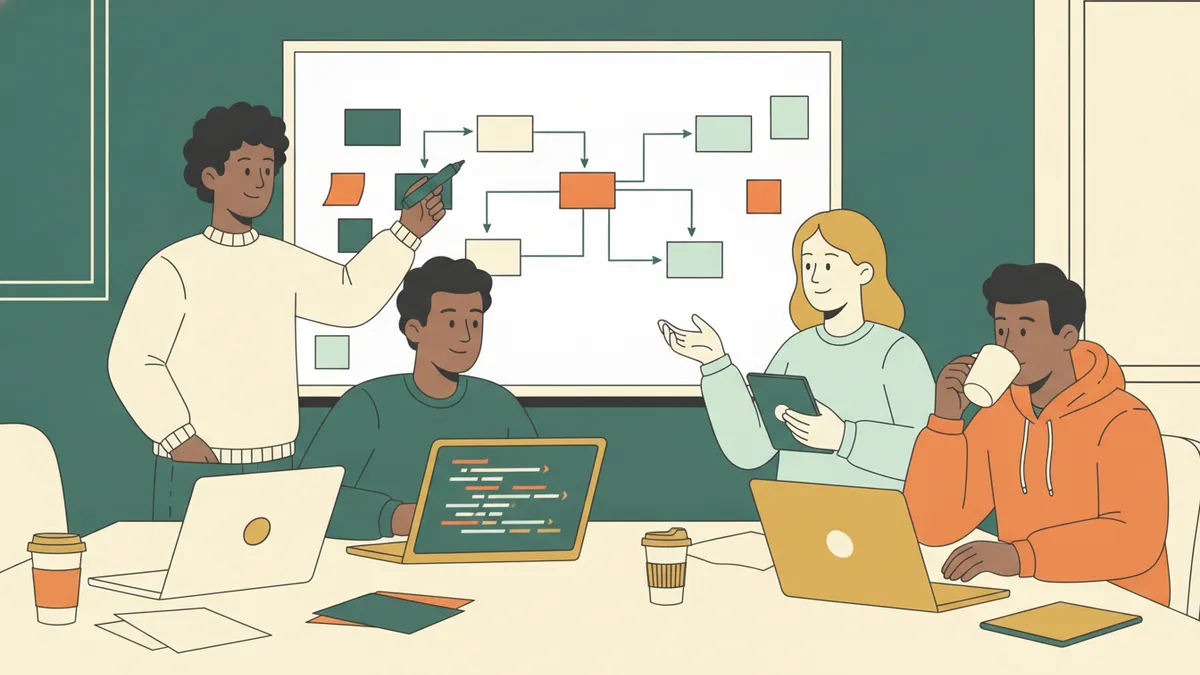 Illustration : quatre étudiants autour d'un tableau blanc couvert de cases et de flèches et de notes adhésives colorées ; l'un tient un feutre, les autres ont leurs ordinateurs ouverts sur la table.