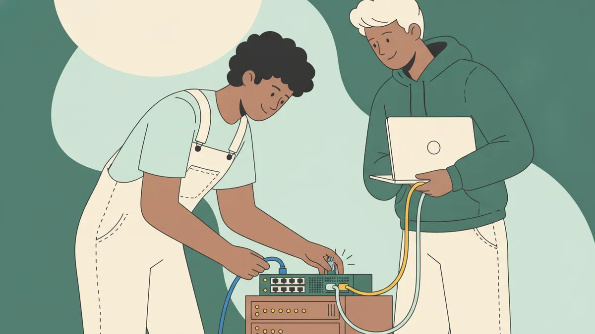Illustration : deux étudiants dans une salle de réseaux ; l'un branche des câbles bleus et jaunes sur un commutateur aux voyants allumés, l'autre tient un ordinateur portable relié par un câble.