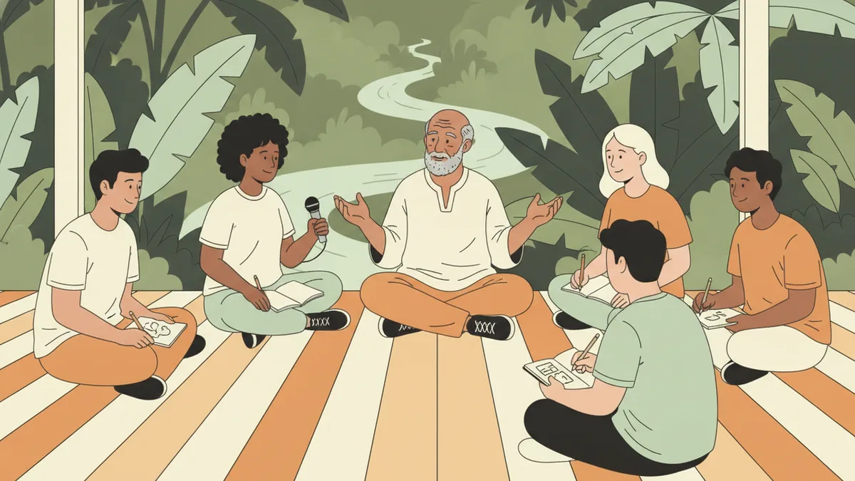 Illustration : des étudiants assis en cercle sur une véranda en bois écoutent un conteur âgé ; l'une tend un micro, les autres prennent des notes ; derrière, la forêt et un fleuve.
