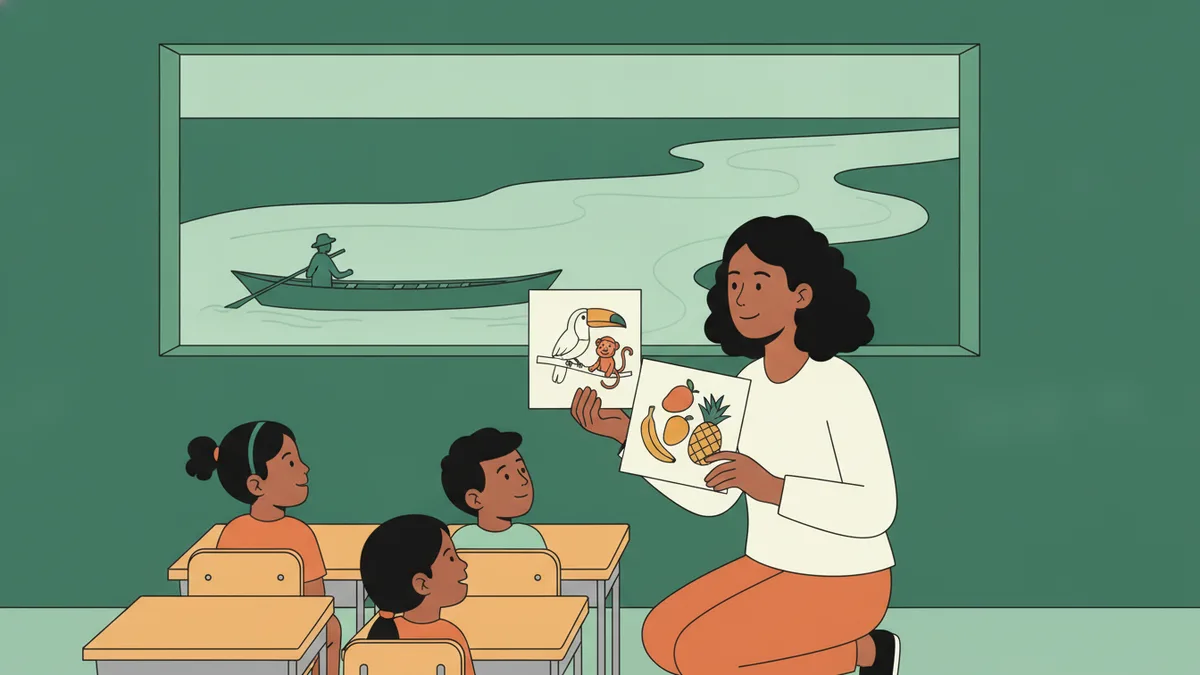 Illustration : une jeune stagiaire accroupie près de petites tables montre à des enfants des cartes illustrées d'un toucan et de fruits ; par la fenêtre, un fleuve et une pirogue.