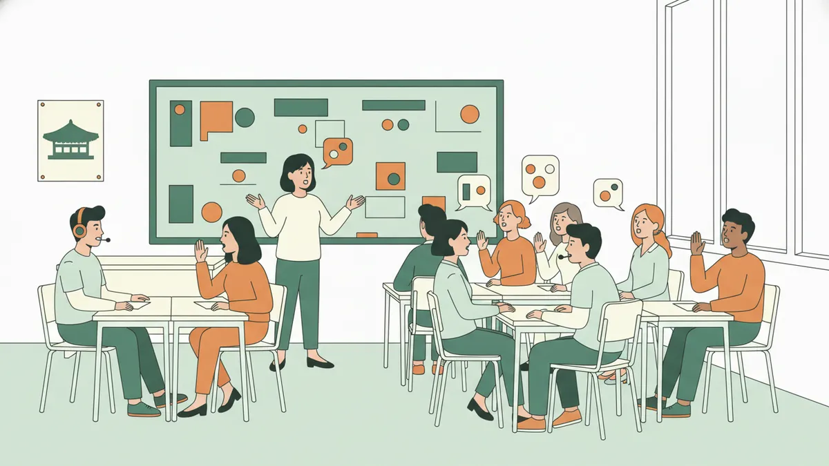 Illustration : une classe de langue ; une enseignante parle devant un tableau couvert de formes colorées, les étudiants répètent après elle, l'un avec un casque et un micro, une autre lève la main ; au mur, une affiche représente un toit traditionnel coréen.