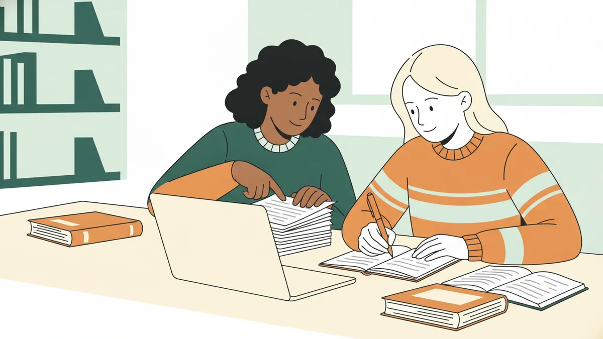 Illustration : deux étudiantes travaillent côte à côte à une table de bibliothèque ; l'une montre un passage sur une feuille imprimée, l'autre écrit dans un cahier, entre un ordinateur portable et des dictionnaires ouverts.