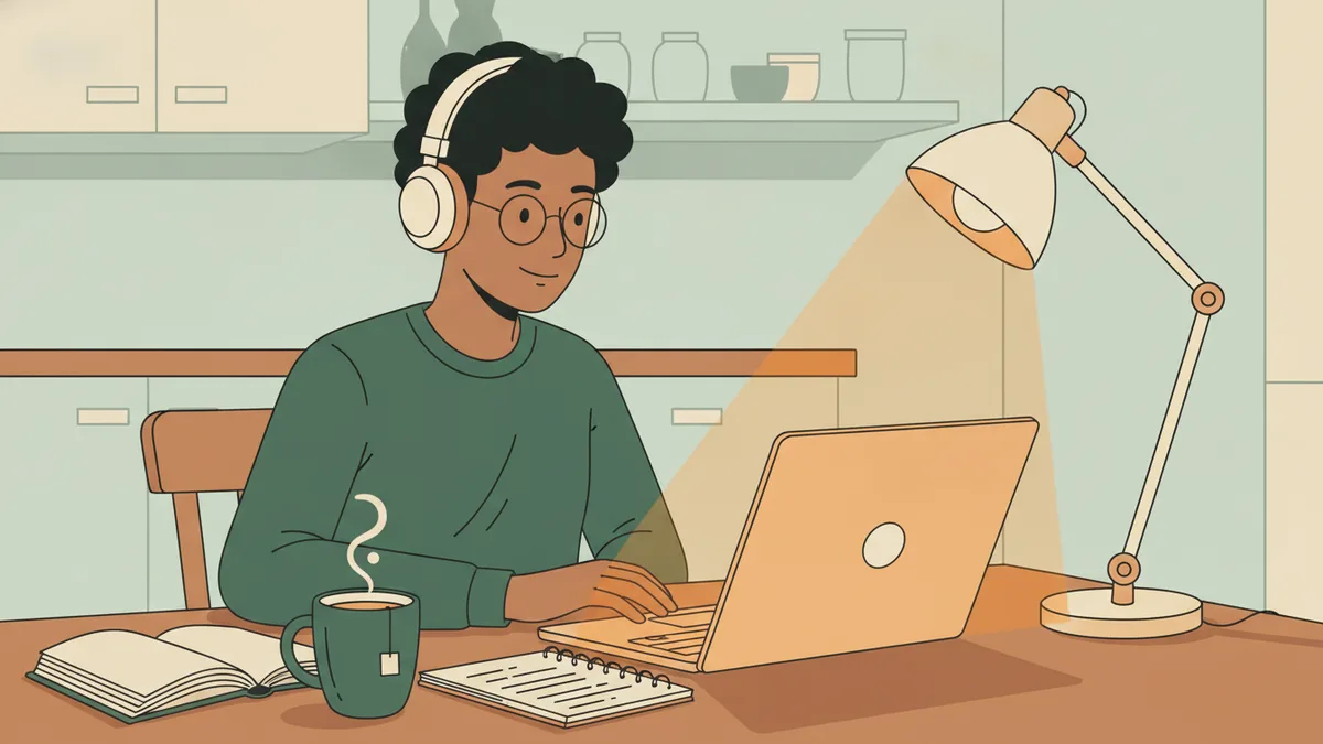 Illustration : un étudiant avec un casque audio suit un cours en vidéo sur son ordinateur portable, le soir, à la table de sa cuisine ; à côté, un roman ouvert, un carnet de notes et une tasse de thé sous une lampe.