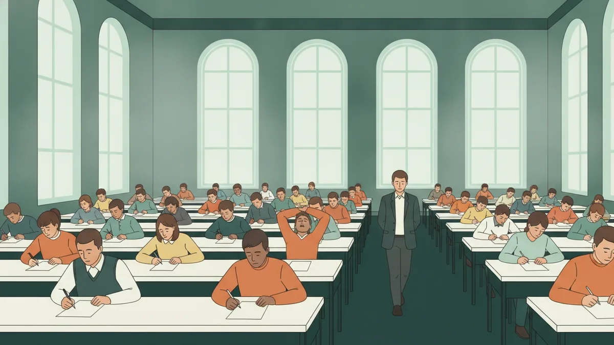 Illustration : une grande salle d'examen lumineuse, des rangées de tables individuelles où des étudiants composent ; un surveillant marche dans l'allée centrale.